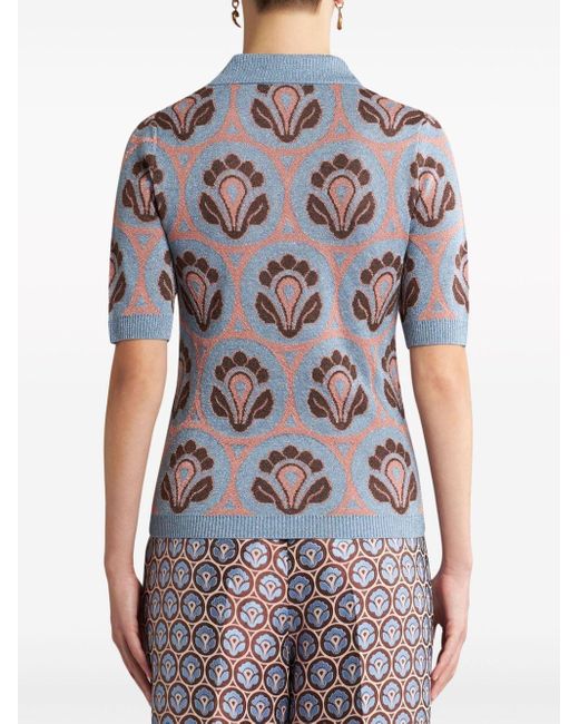Etro Blue Floral-jacquard Knitted Polo Top