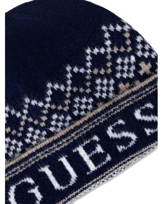 Guess Blue Patterned Scarf And Beanie Hat Set for men