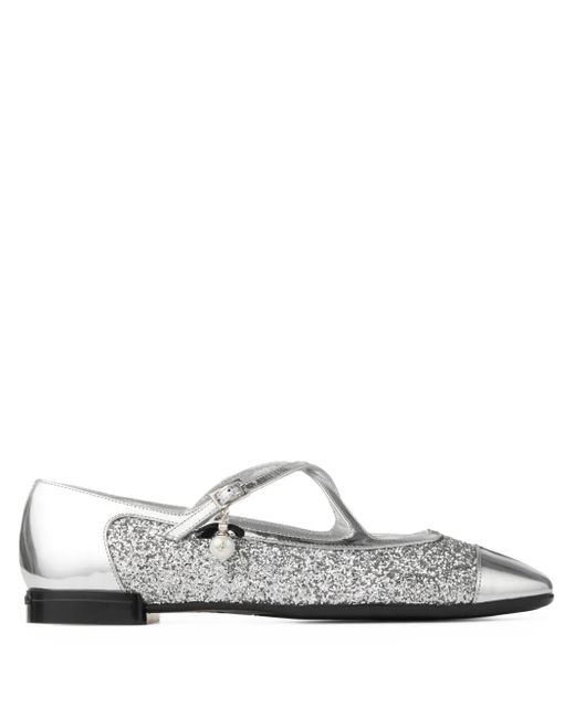 Jimmy Choo White Eleri Glitter-Leather Ballet Flats