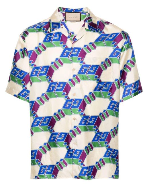 Gucci Blue 3d GG Print Silk Shirt for men
