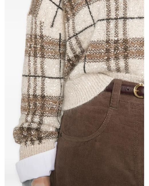 Brunello Cucinelli White Plaid-Pattern Sequin-Embellishment Sweater