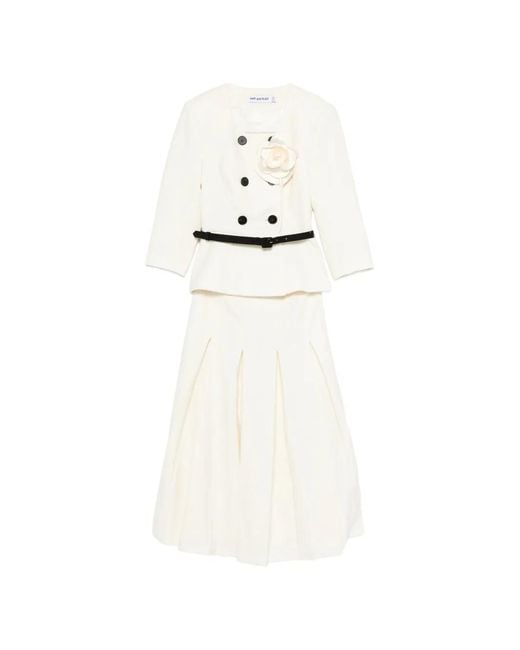 Self-Portrait White Floral-Detail Belted Skirt Suit