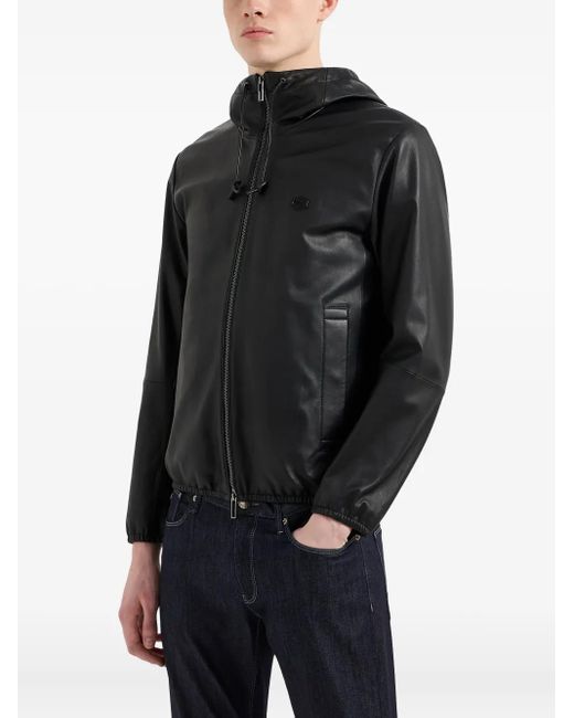 Emporio Armani Embroidered-Logo Leather Jacket in Black for Men | Lyst