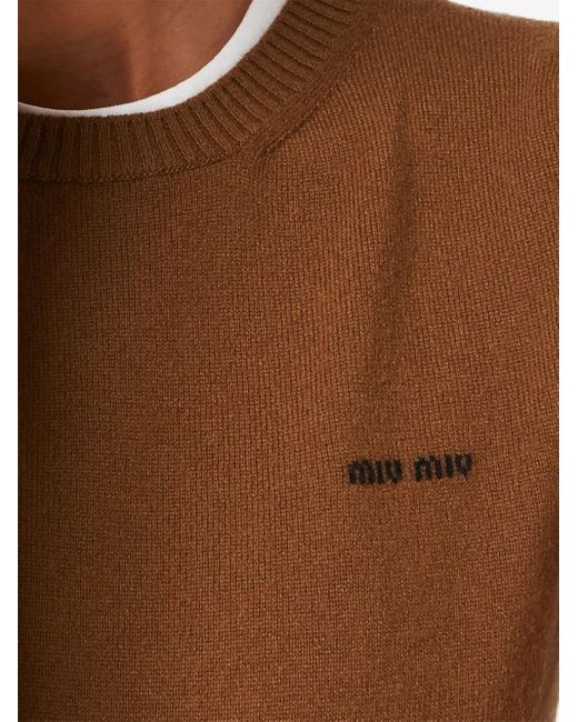 Miu Miu Brown Logo-Intarsia Cashmere Top