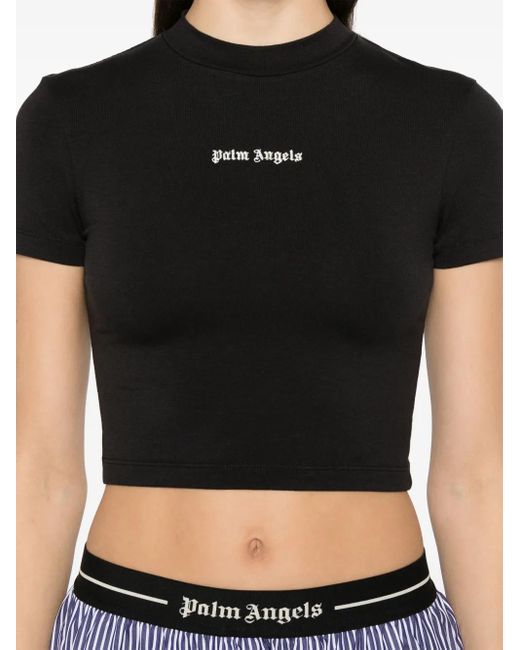 Palm Angels Black Cropped T-Shirt With Embroidery