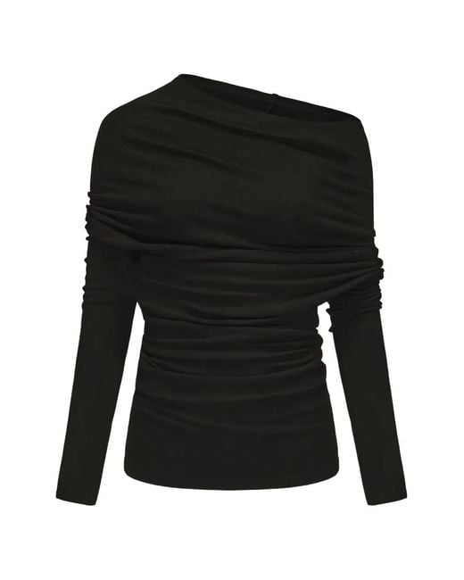 Elwood Black Asymmetric Draped Off-Shoulder Long-Sleeved T-Shirt