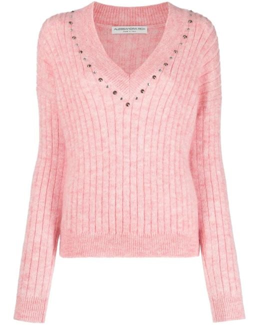 Alessandra Rich Pink Embellished Ribbed Jumper