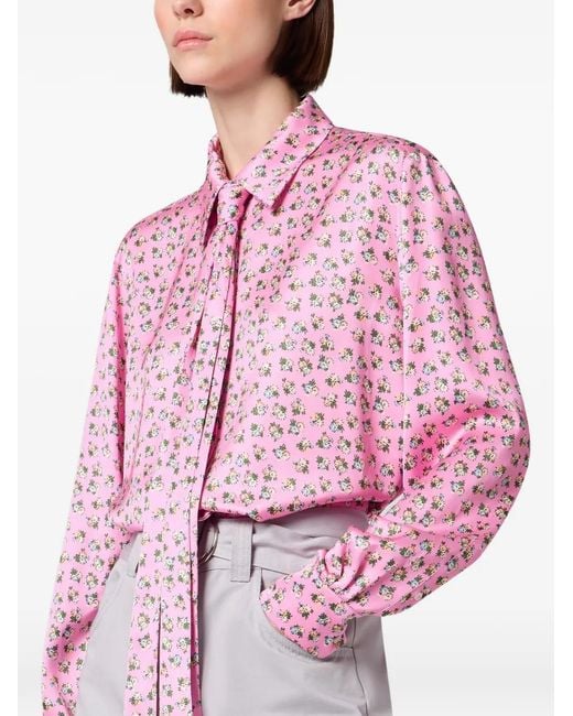 MSGM Pink Floral-Print Pussy-Bow Shirt