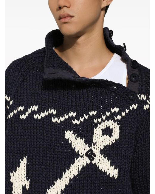 Dolce & Gabbana Blue Patterned Intarsia-Knit Cotton-Blend Jumper for men