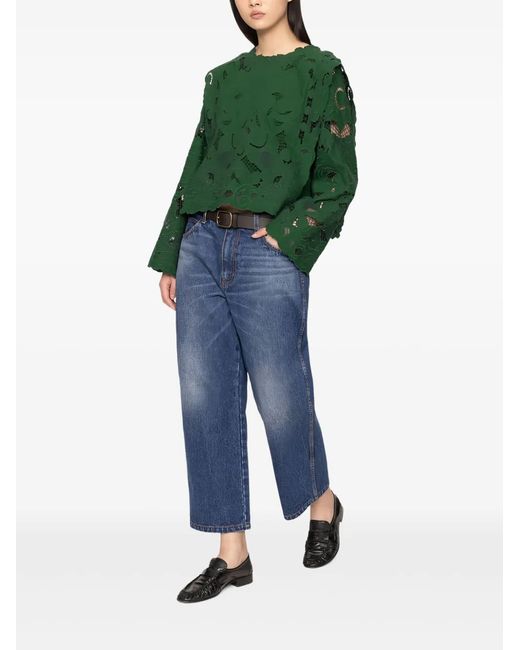 Sea Green Ceci Open-Work Long-Sleeve Blouse