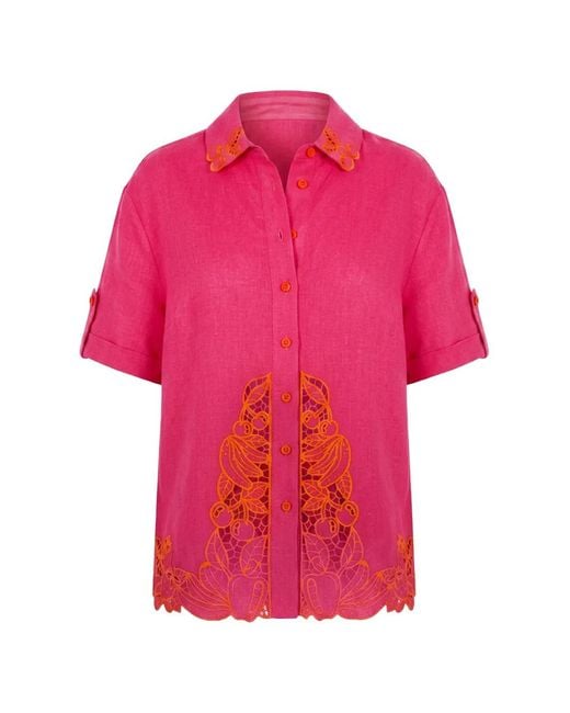 Farm Rio Pink Guipure-Lace-Trim Short-Sleeve Shirt