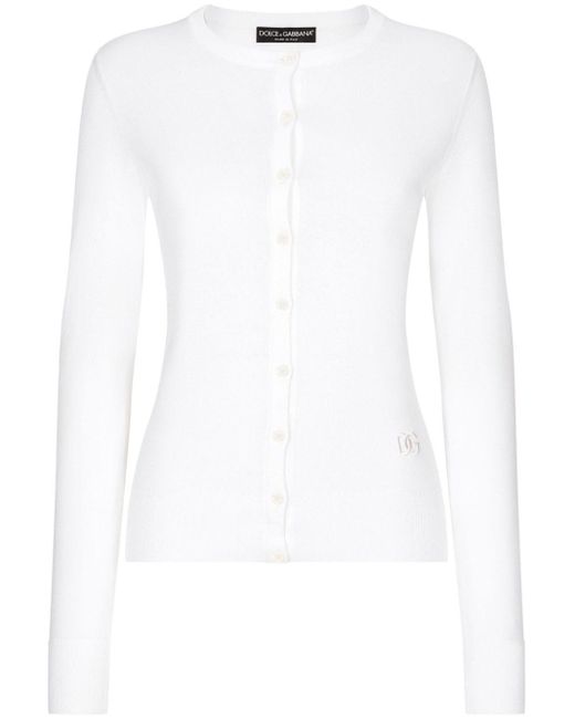 Dolce & Gabbana White Dg-embroidered Fine-knit Cardigan