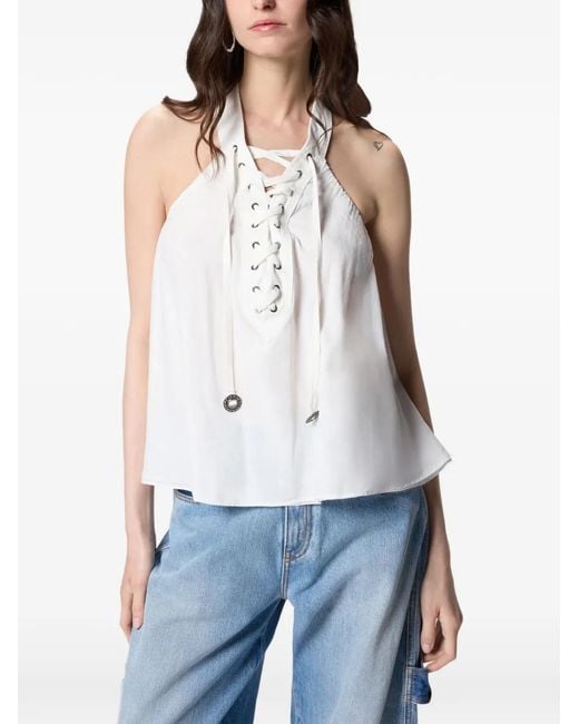 Pinko White Lace-Detail Halterneck Blouse