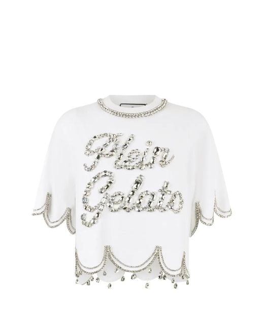 Philipp Plein White Crystal Waves Cropped T-Shirt