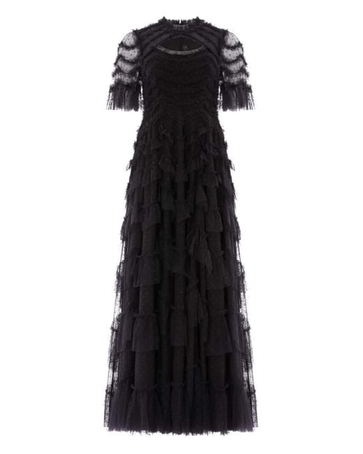 Needle & Thread Black Aviana Ruffled Short-Sleeves Maxi Dress
