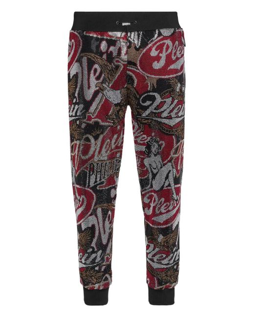 Philipp Plein Blue Plein Beer Stones Rhinestone-Embellished Logo Track Pants for men