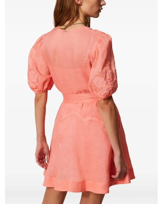 Twinset Pink Short Ramie Dress With Embroidery