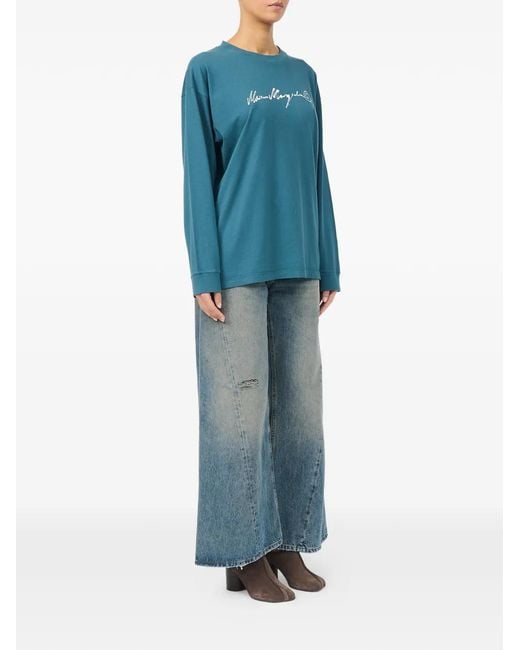 MM6 by Maison Margiela Blue Long-Sleeve Overdyed Handwritten-Print T-Shirt