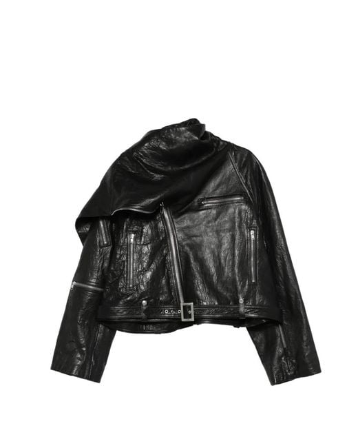 Rick Owens Black Scarf-Detail Leather Jacket