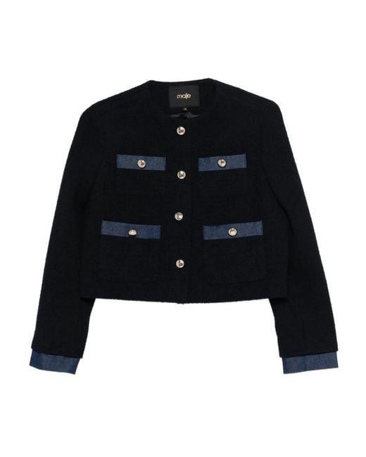 Maje Black Tweed Jacket With Denim Trim