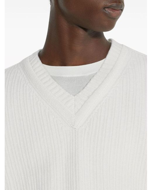 Zegna White Ribbed Knit V-neck Vest for men