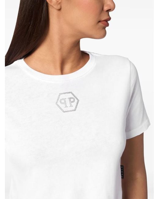 Philipp Plein Crystal Hexagon Cropped T-Shirt in het White