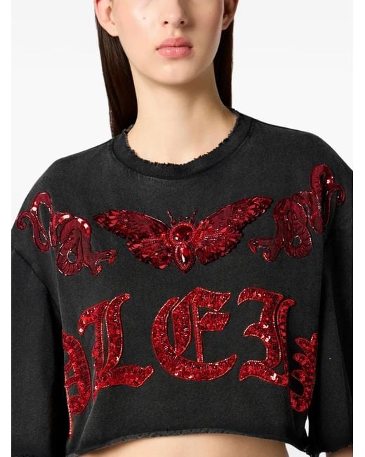 Philipp Plein Red Sequin-Detail Cropped T-Shirt
