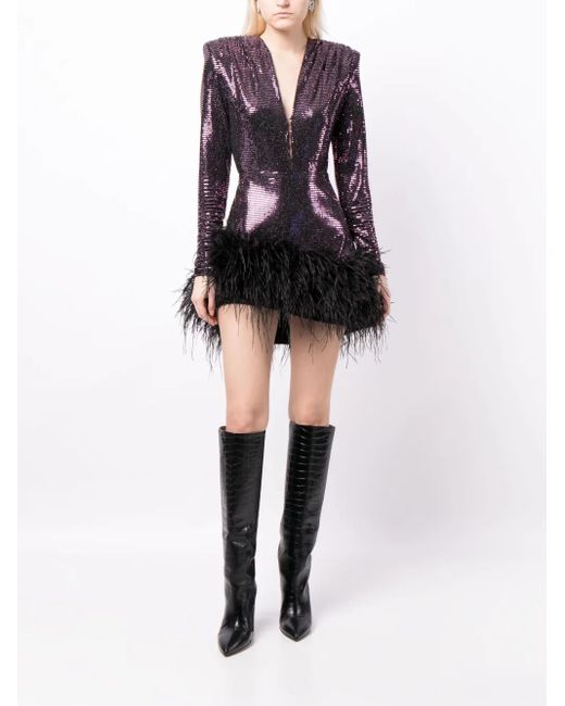Bronx and Banco Purple Feather-Detailing Metallic-Finish Dress