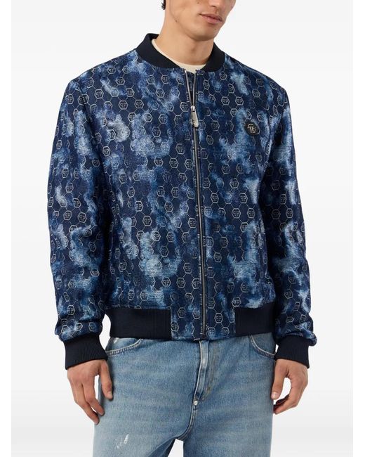 Philipp Plein Blue Veste Bomber À Motif Monogrammé En Jacquard for men