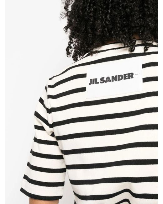 Jil Sander Black Fine Ribbed Striped T-Shirt With Logo Patch
