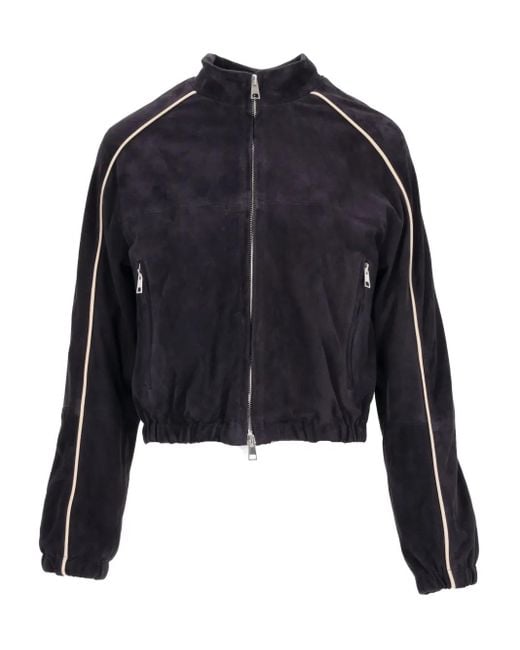 LA ROSE Blue Contrast-Piping Cropped Bomber Jacket