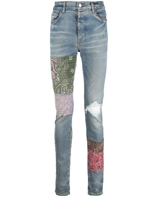 Amiri Blue Bandana Art Distressed Skinny Jeans for men