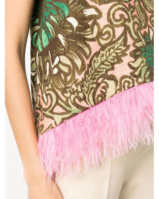 LaDoubleJ Red Painterly-Print Feather-Detail Top