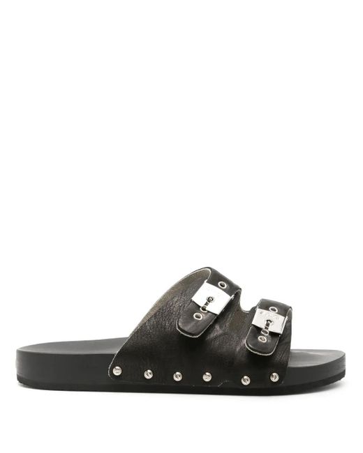 Scholl Black Pin-Straps Wood-Sole Leather Slides