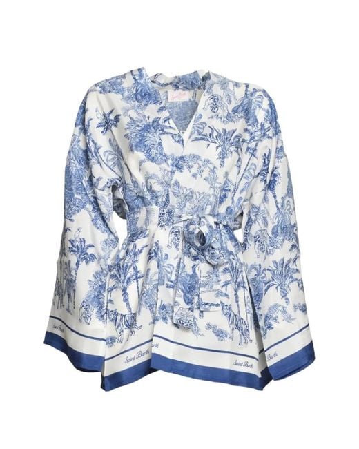 Mc2 Saint Barth Blue Veste Courte Style Kimono Carly À Imprimé Toile De Jouy