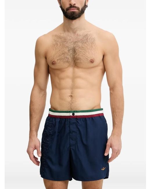 Aeronautica Militare Blue Logo-Embroidered Striped-Waistband Swim Shorts for men