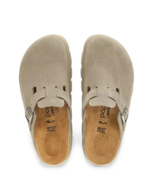 Birkenstock White Boston Chunky Buckle Suede Mules
