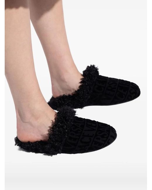 Versace Black Logo Trimmed Slippers