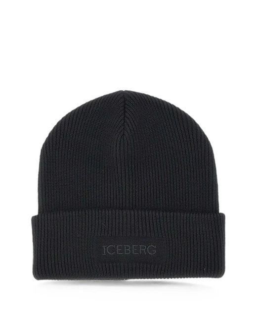 Iceberg Blue Logo-Embroidered Ribbed-Knit Beanie Hat for men