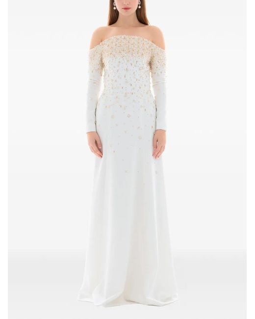 Dina Melwani White Pearl Crystal Embellished Gown