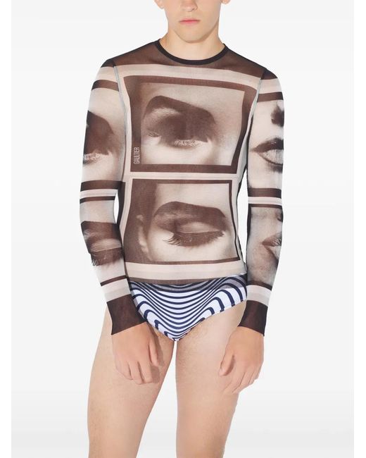 Jean Paul Gaultier Gray Re-Edition: Mesh Longsleeve Top Printed "Eyes And