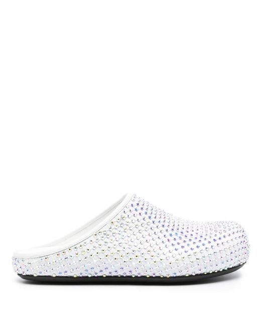 Marni White Glass-Crystals Leather Slippers