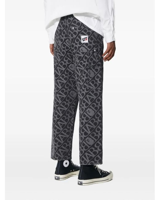 A Bathing Ape Gray Logo-Pattern Carpenter Jeans for men