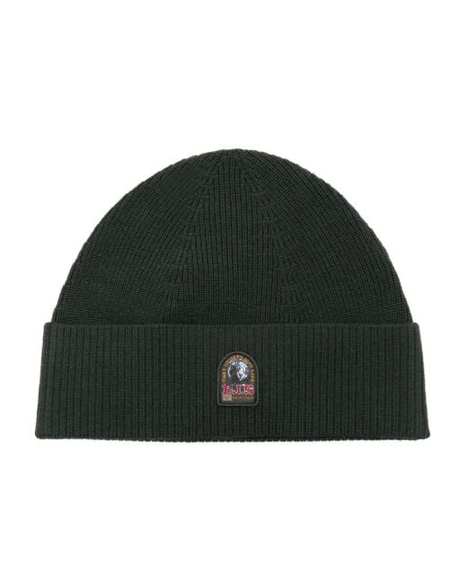 Parajumpers Green Logo-Patch Ribbed-Knit Beanie for men