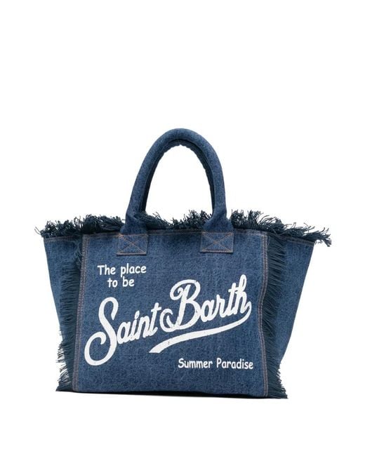 Mc2 Saint Barth Blue Fringed-Detail Logo-Print Tote Bag