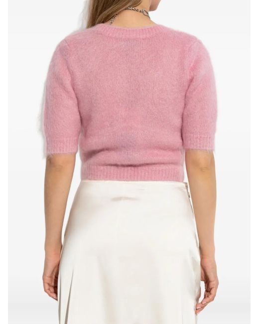 Alessandra Rich T-Shirt Verfraaid Met Rozen En Korte Mouwen in het Pink
