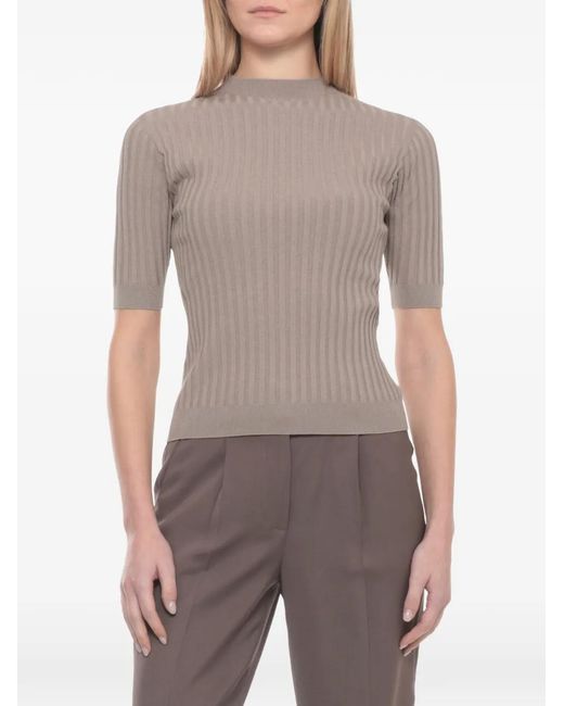 Peserico Gray Ribbed-Knit Short-Sleeve Sweater