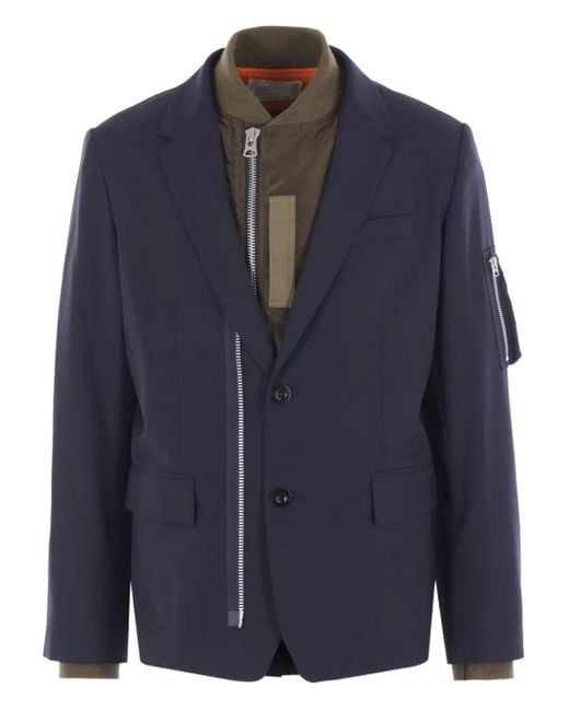 Sacai Blue Zip-Detail Button Jacket for men