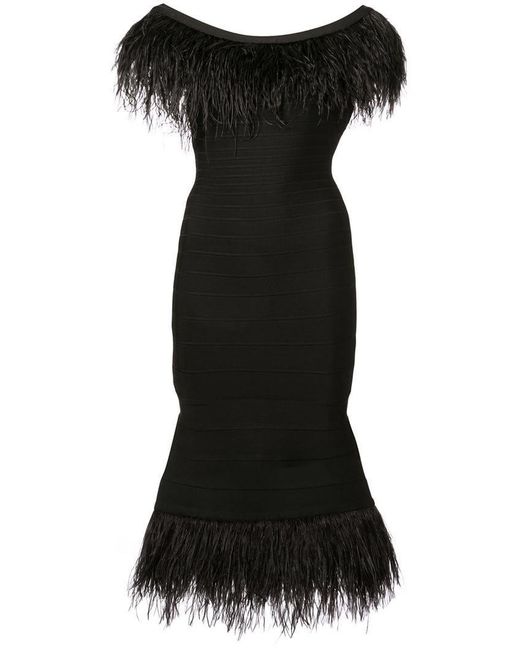 Hervé Léger Black Ostrich Feather Trim Bandage Dress