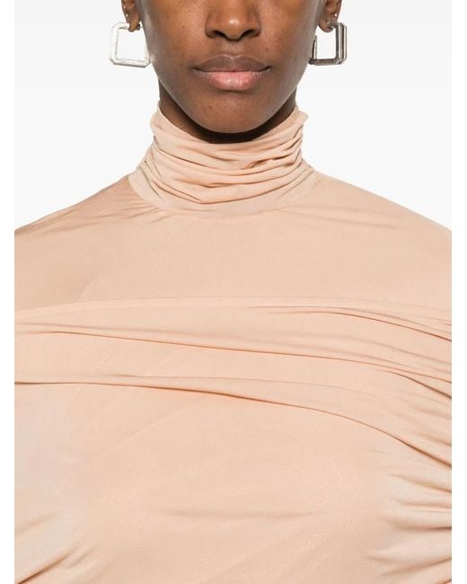 Mugler Natural Ruched Sheer Midi Dress